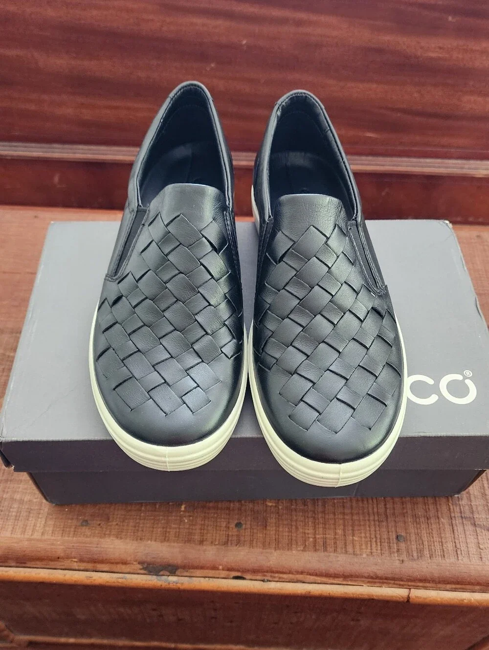 Ecco Soft 7 Black Woven Leather Slip-On Sneakers with White Sole